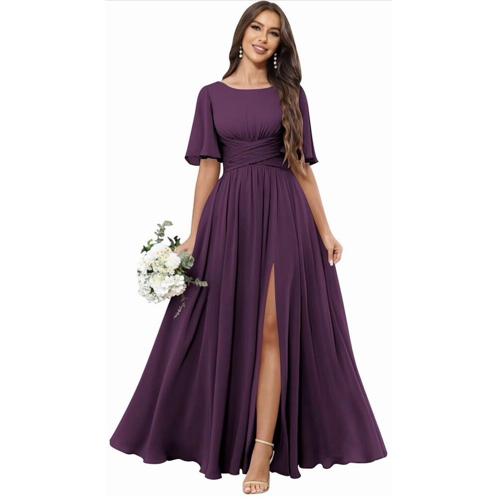 Womens Short Sleeve Bridesmaid Dress Slit A Line Pleated Scoop Neck plum size 14